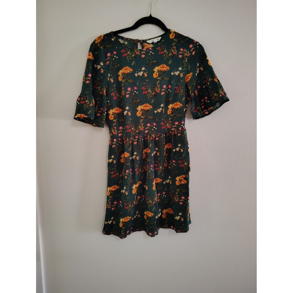 Speechless Womens Floral Mini Dress Green Orange Flutter Sleeve Skater Size S